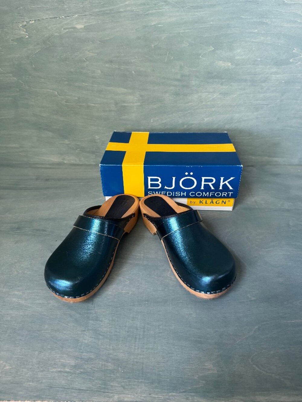 Bjork Metallic Leather Open Back Blue Clogs Handmade w Wood Soles - EU 40/ US 9 - Picture 2 of 10